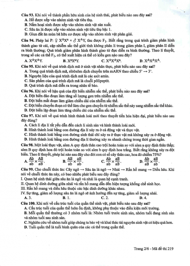 Đề và đáp án môn Sinh học mã đề 219 thi THPT quốc gia năm 2017 - đáp án của bộ GD-ĐT
