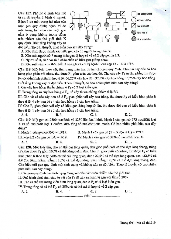 Đề và đáp án môn Sinh học mã đề 219 thi THPT quốc gia năm 2017 - đáp án của bộ GD-ĐT