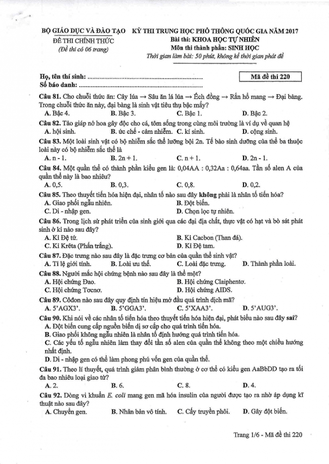 Đề và đáp án môn Sinh học mã đề 220 thi THPT quốc gia năm 2017 - đáp án của bộ GD-ĐT