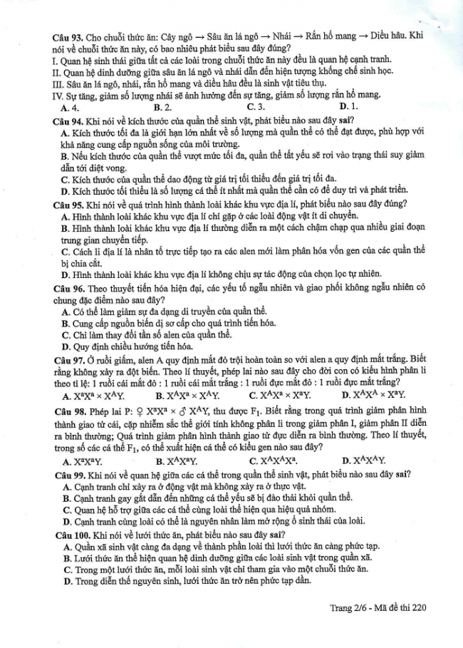 Đề và đáp án môn Sinh học mã đề 220 thi THPT quốc gia năm 2017 - đáp án của bộ GD-ĐT