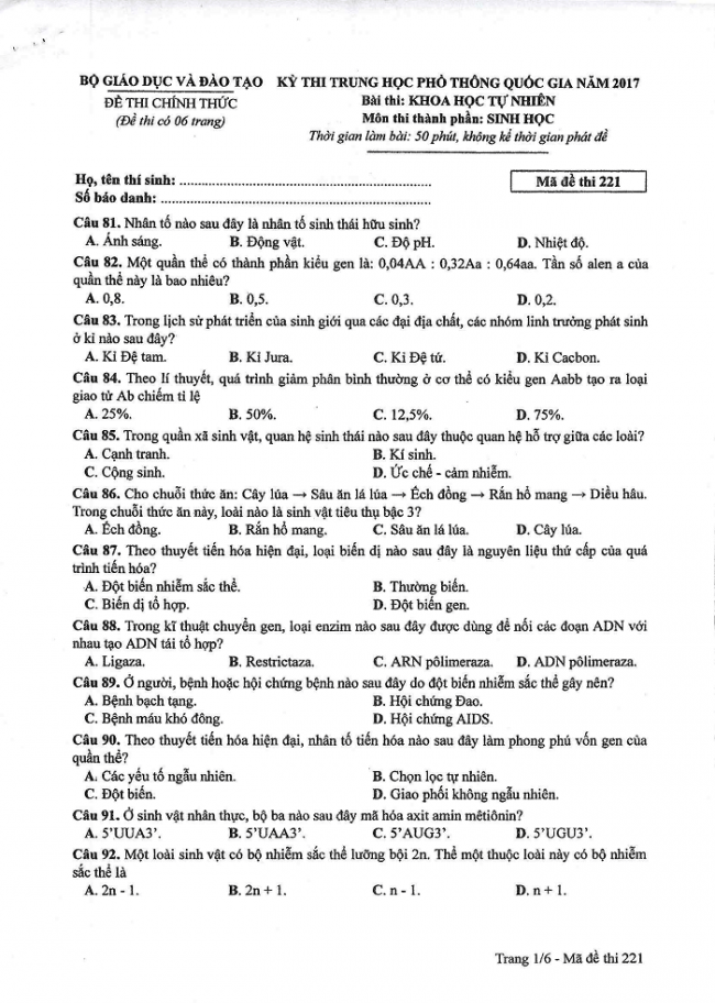 Đề và đáp án môn Sinh học mã đề 221 thi THPT quốc gia năm 2017 - đáp án của bộ GD-ĐT