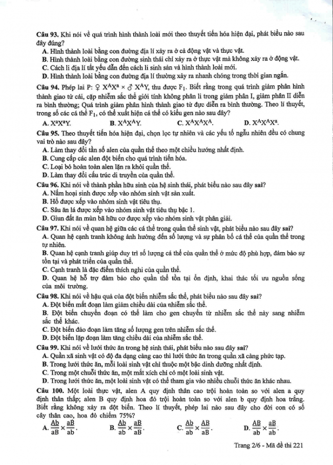 Đề và đáp án môn Sinh học mã đề 221 thi THPT quốc gia năm 2017 - đáp án của bộ GD-ĐT