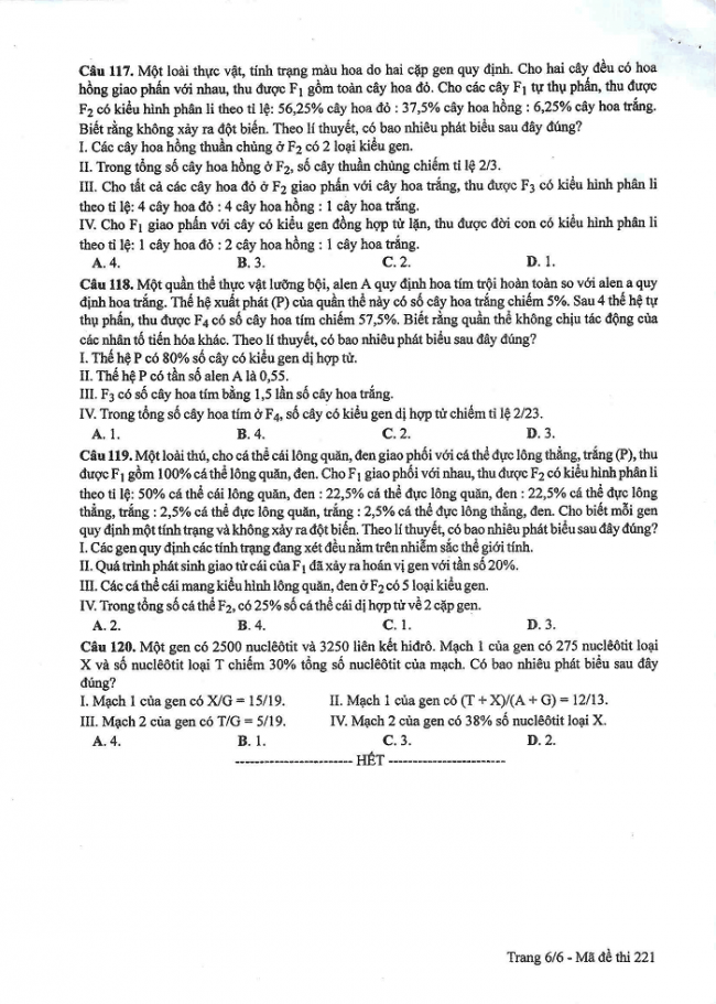 Đề và đáp án môn Sinh học mã đề 221 thi THPT quốc gia năm 2017 - đáp án của bộ GD-ĐT