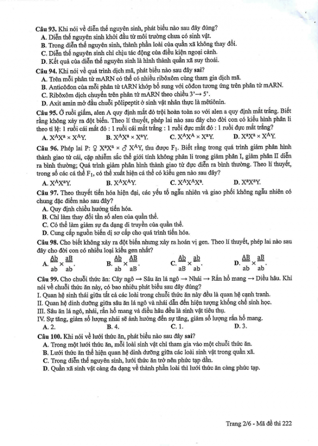 Đề và đáp án môn Sinh học mã đề 222 thi THPT quốc gia năm 2017 - đáp án của bộ GD-ĐT