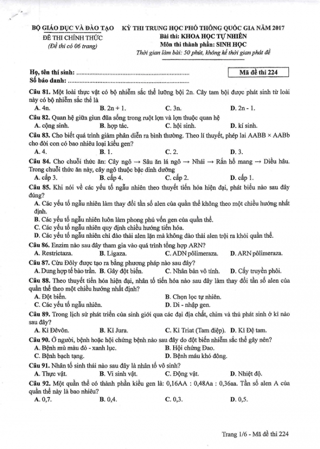 Đề và đáp án môn Sinh học mã đề 224 thi THPT quốc gia năm 2017 - đáp án của bộ GD-ĐT