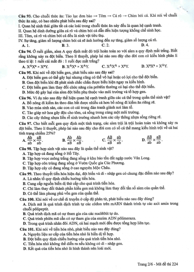 Đề và đáp án môn Sinh học mã đề 224 thi THPT quốc gia năm 2017 - đáp án của bộ GD-ĐT