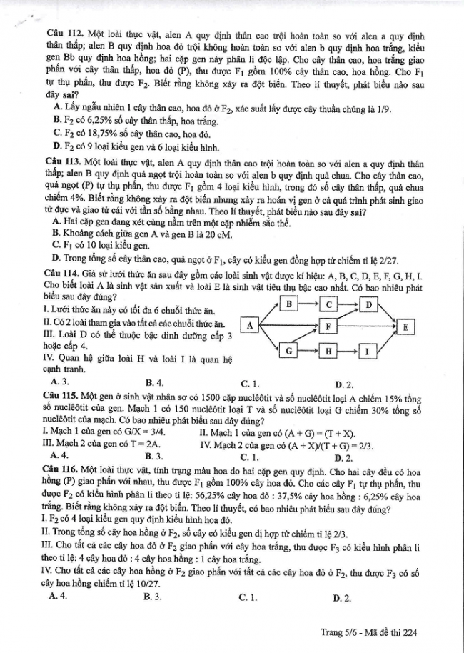 Đề và đáp án môn Sinh học mã đề 224 thi THPT quốc gia năm 2017 - đáp án của bộ GD-ĐT