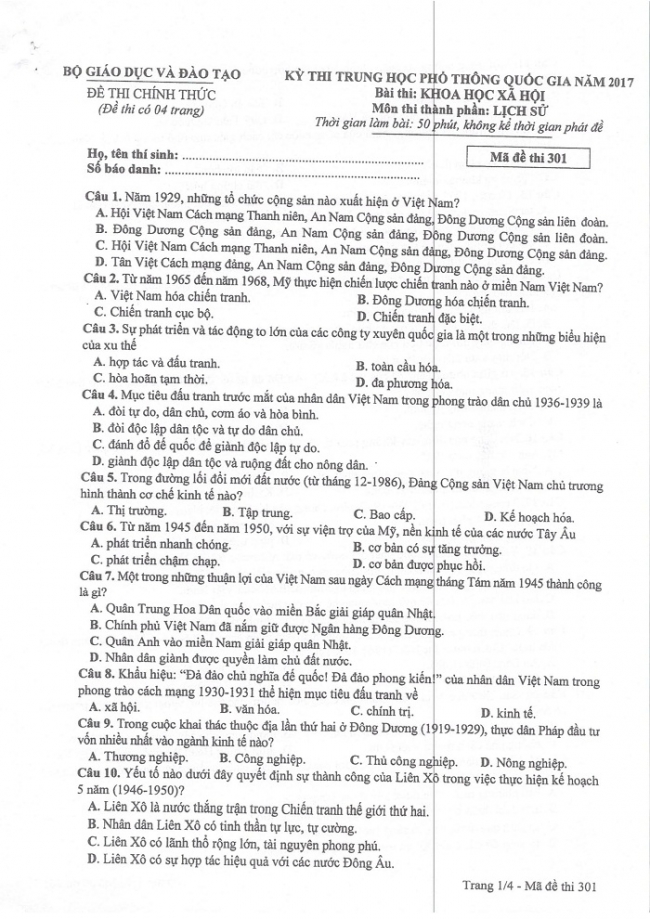 Đề và đáp án môn Sử mã đề 301 thi THPTQG 2017 – đáp án của bộ GD-ĐT