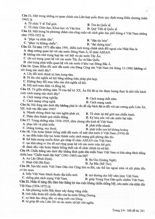 Đề và đáp án môn Sử mã đề 301 thi THPTQG 2017 – đáp án của bộ GD-ĐT