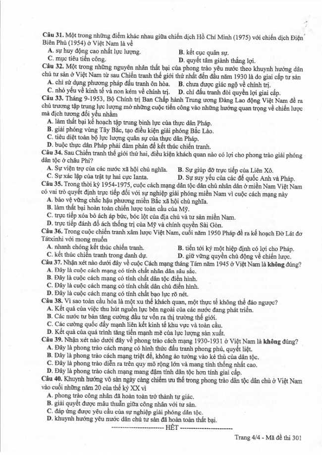 Đề và đáp án môn Sử mã đề 301 thi THPTQG 2017 – đáp án của bộ GD-ĐT