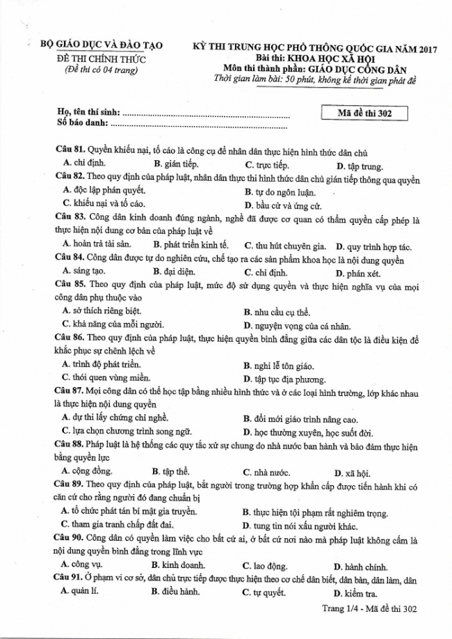 Đề và đáp án môn Công dân mã đề 302 thi THPTQG 2017 – đáp án của bộ GD-ĐT