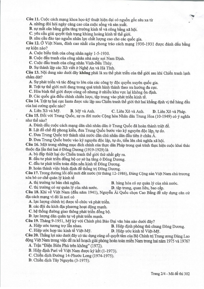 Đề và đáp án môn Sử mã đề 302 thi THPTQG 2017 – đáp án của bộ GD-ĐT