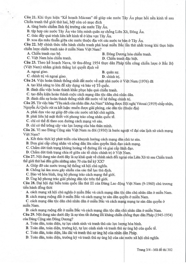 Đề và đáp án môn Sử mã đề 302 thi THPTQG 2017 – đáp án của bộ GD-ĐT