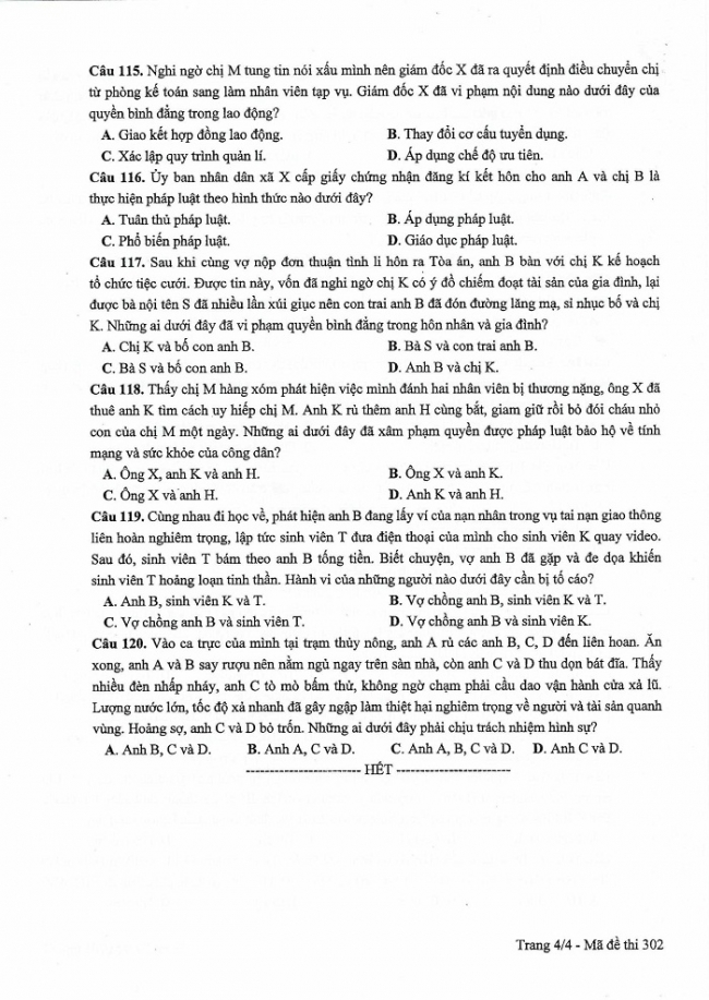 Đề và đáp án môn Công dân mã đề 302 thi THPTQG 2017 – đáp án của bộ GD-ĐT