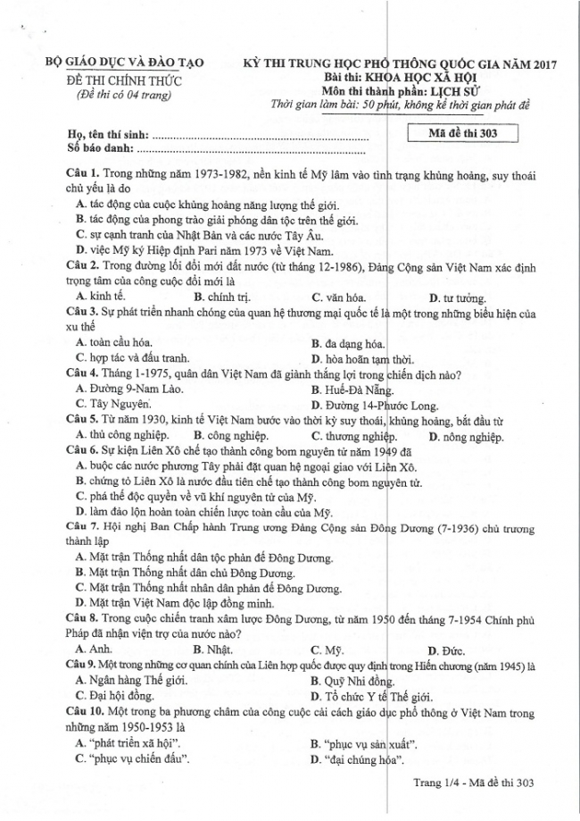 Đề và đáp án môn Sử mã đề 303 thi THPTQG 2017 – đáp án của bộ GD-ĐT