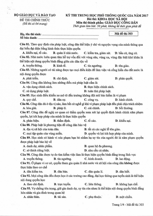 Đề và đáp án môn Công dân mã đề 303 thi THPTQG 2017 – đáp án của bộ GD-ĐT