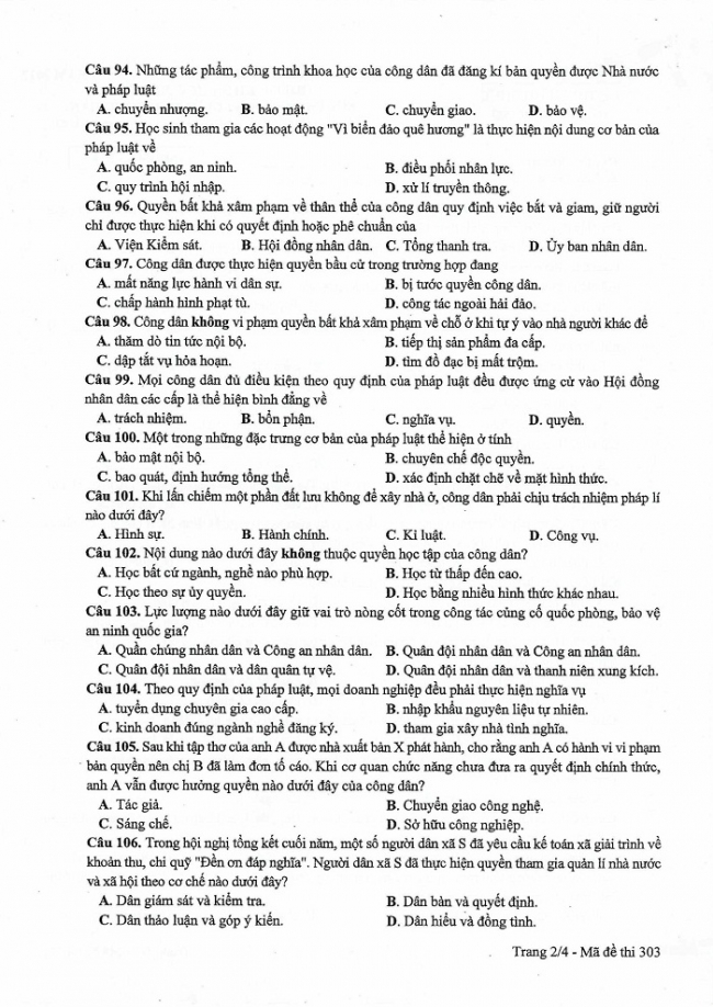 Đề và đáp án môn Công dân mã đề 303 thi THPTQG 2017 – đáp án của bộ GD-ĐT