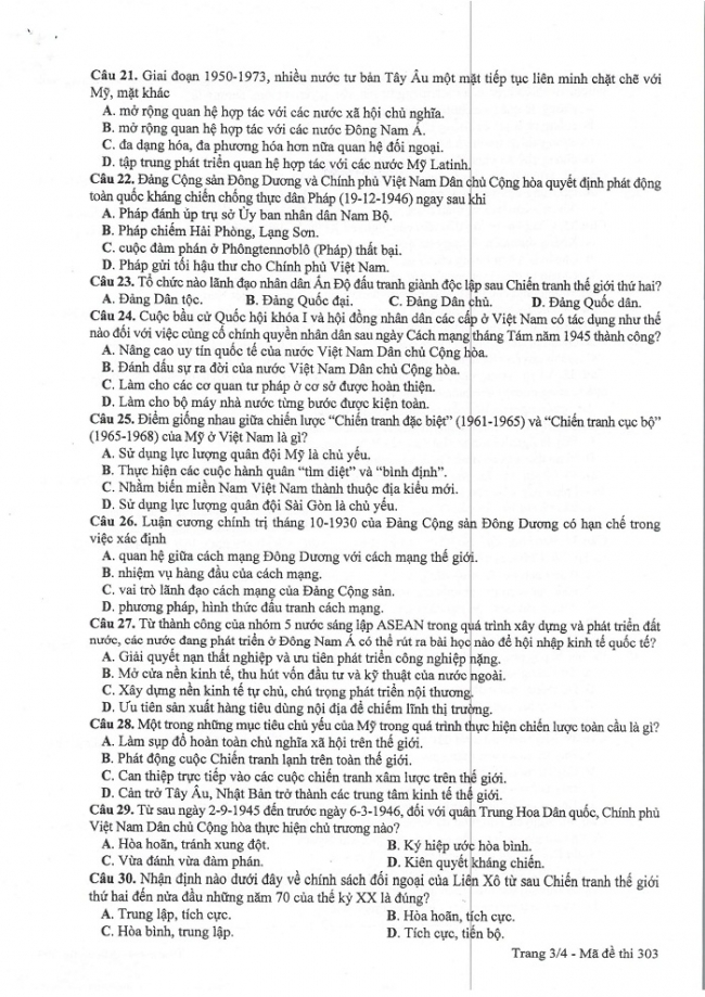 Đề và đáp án môn Sử mã đề 303 thi THPTQG 2017 – đáp án của bộ GD-ĐT