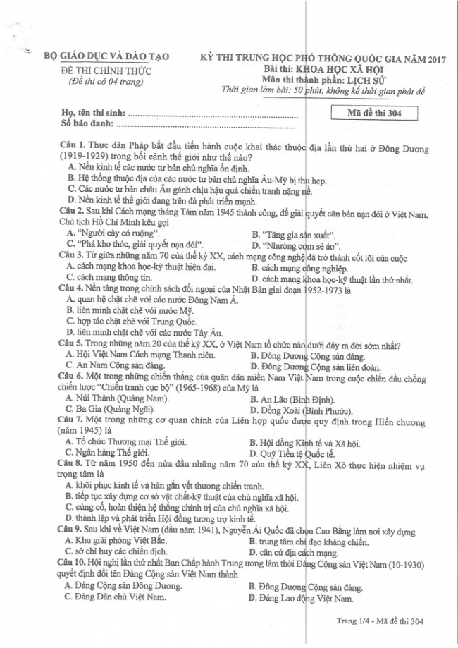 Đề và đáp án môn Sử mã đề 304 thi THPTQG 2017 – đáp án của bộ GD-ĐT