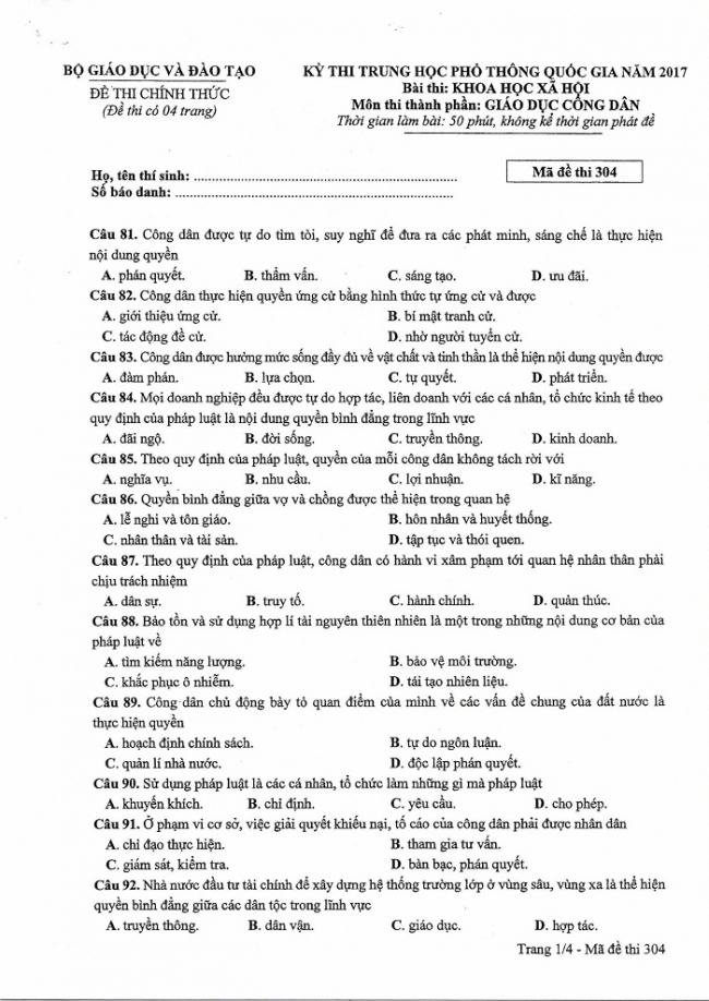 Đề và đáp án môn Công dân mã đề 304 thi THPTQG 2017 – đáp án của bộ GD-ĐT