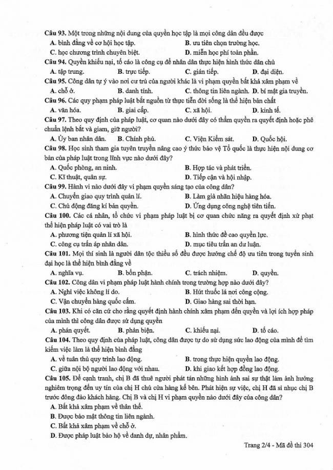 Đề và đáp án môn Công dân mã đề 304 thi THPTQG 2017 – đáp án của bộ GD-ĐT