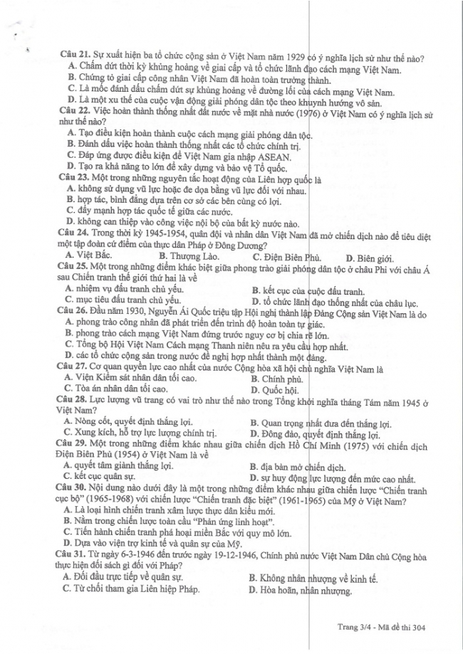 Đề và đáp án môn Sử mã đề 304 thi THPTQG 2017 – đáp án của bộ GD-ĐT