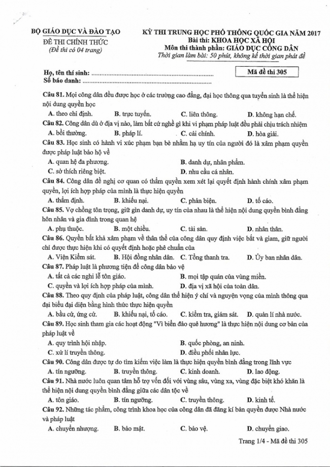 Đề và đáp án môn Công dân mã đề 305 thi THPTQG 2017 – đáp án của bộ GD-ĐT