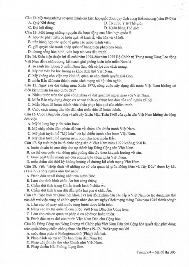 Đề và đáp án môn Sử mã đề 305 thi THPTQG 2017 – đáp án của bộ GD-ĐT
