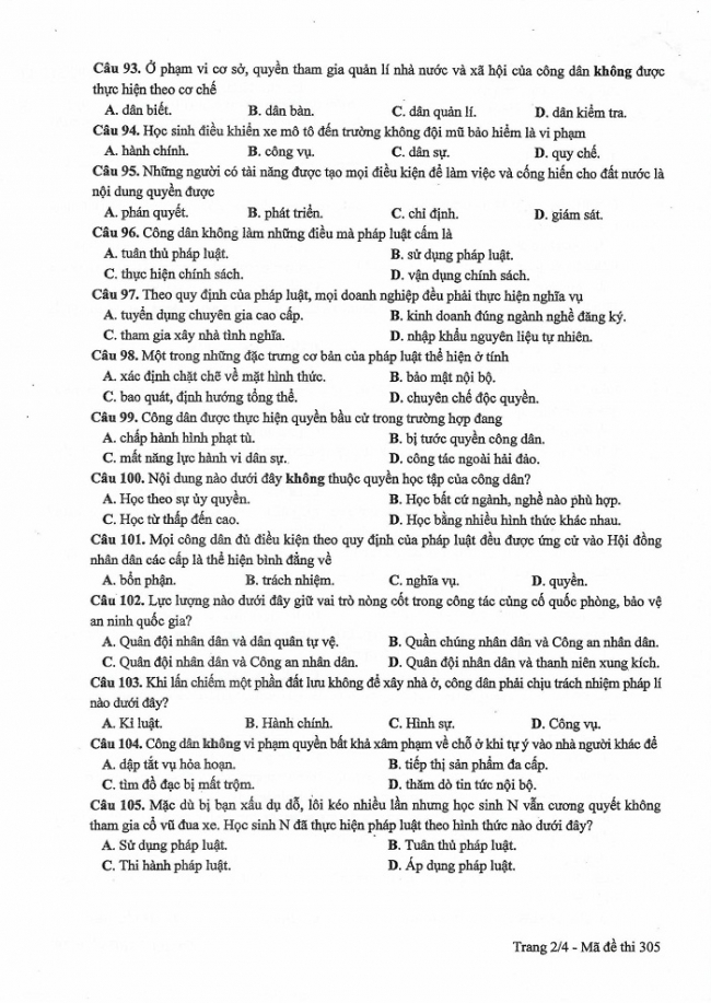 Đề và đáp án môn Công dân mã đề 305 thi THPTQG 2017 – đáp án của bộ GD-ĐT