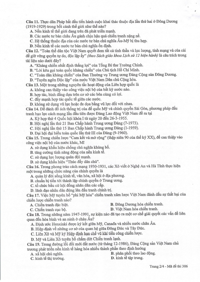 Đề và đáp án môn Sử mã đề 306 thi THPTQG 2017 – đáp án của bộ GD-ĐT