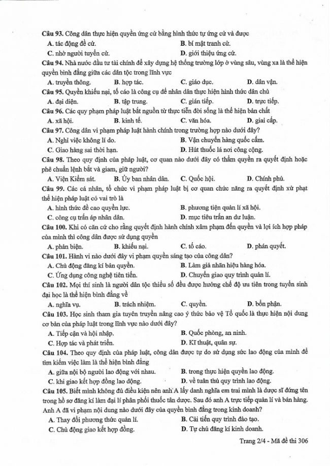 Đề và đáp án môn Công dân mã đề 307 thi THPTQG 2017 – đáp án của bộ GD-ĐT