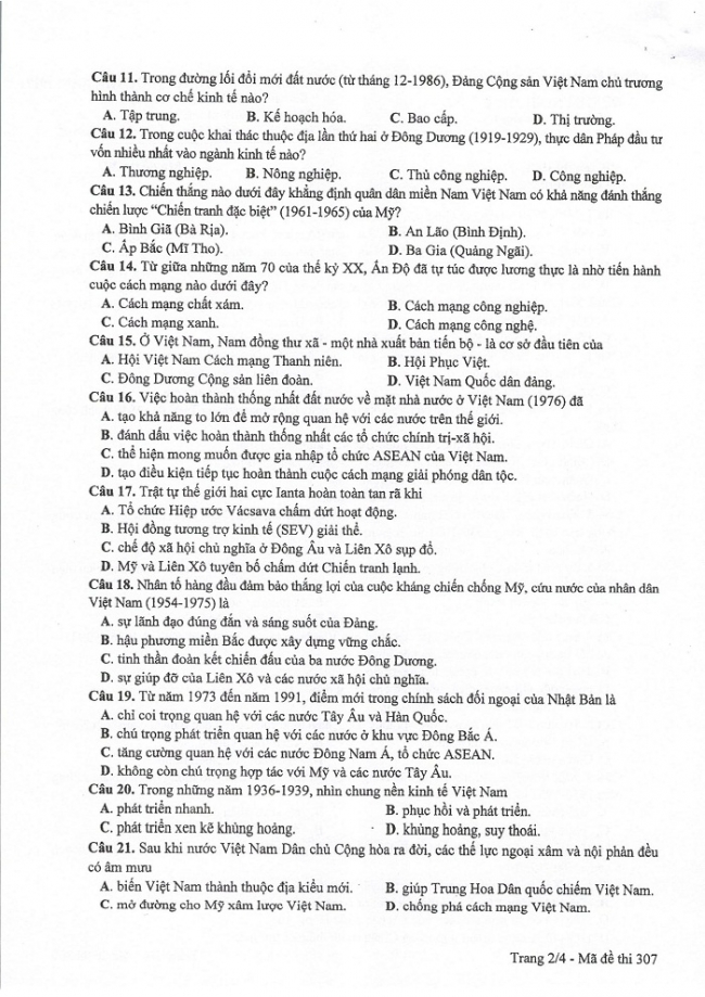 Đề và đáp án môn Sử mã đề 307 thi THPTQG 2017 – đáp án của bộ GD-ĐT