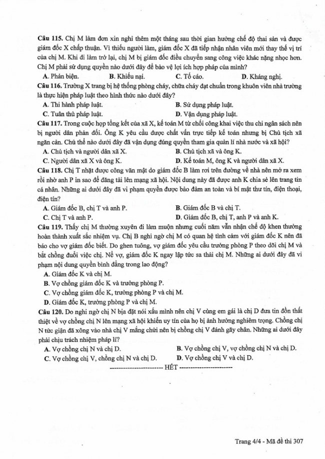 Đề và đáp án môn Công dân mã đề 308 thi THPTQG 2017 – đáp án của bộ GD-ĐT