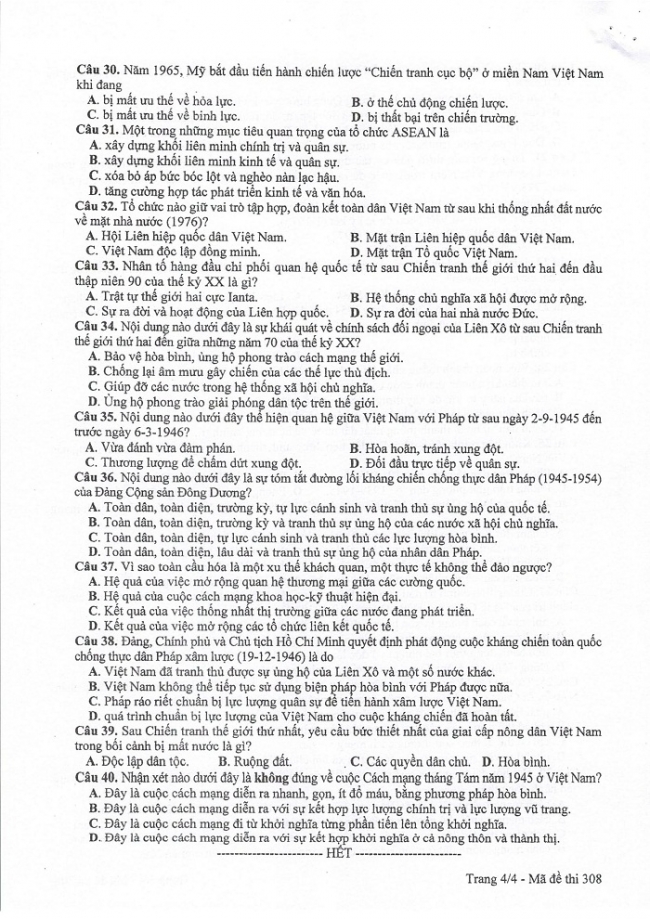Đề và đáp án môn Sử mã đề 308 thi THPTQG 2017 – đáp án của bộ GD-ĐT