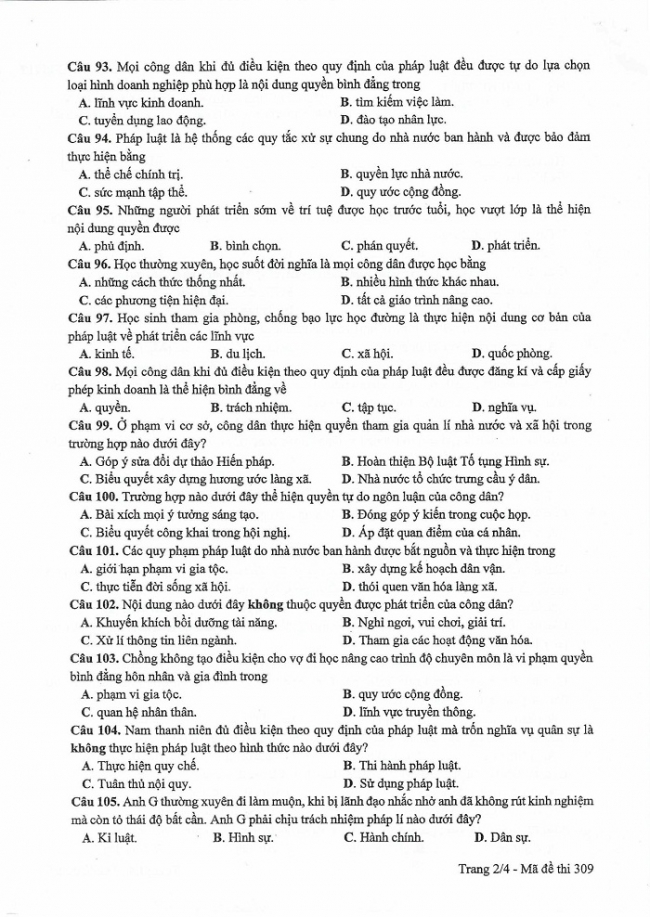 Đề và đáp án môn Công dân mã đề 309 thi THPTQG 2017 – đáp án của bộ GD-ĐT