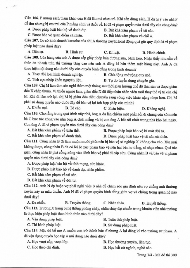 Đề và đáp án môn Công dân mã đề 309 thi THPTQG 2017 – đáp án của bộ GD-ĐT