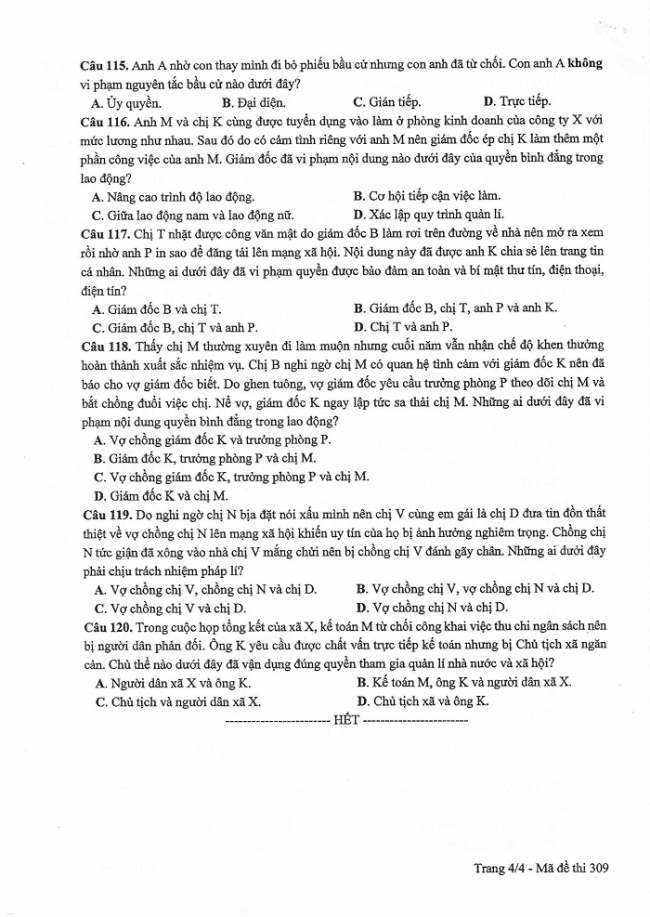 Đề và đáp án môn Công dân mã đề 309 thi THPTQG 2017 – đáp án của bộ GD-ĐT
