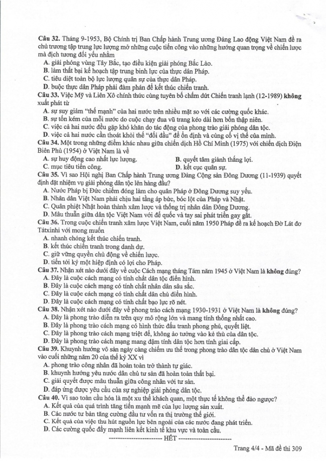 Đề và đáp án môn Sử mã đề 309 thi THPTQG 2017 – đáp án của bộ GD-ĐT