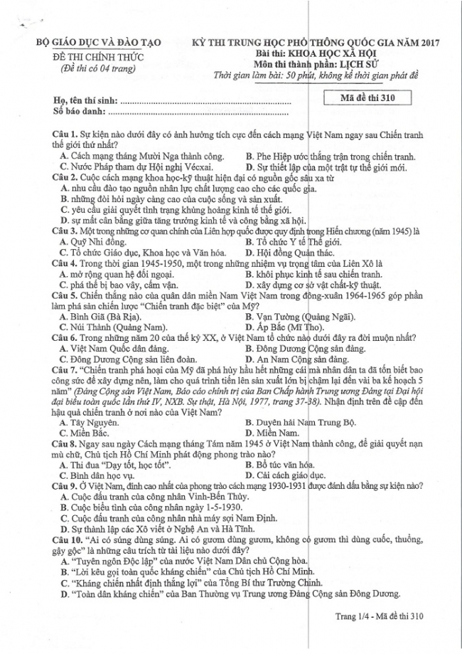 Đề và đáp án môn Sử mã đề 310 thi THPTQG 2017 – đáp án của bộ GD-ĐT