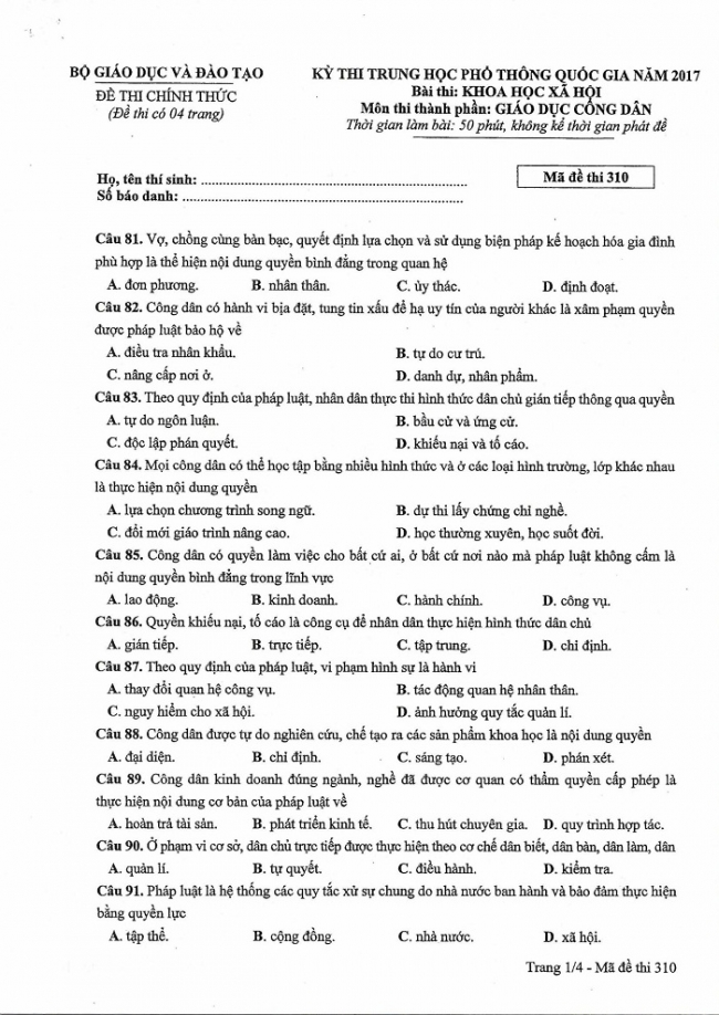 Đề và đáp án môn Công dân mã đề 310 thi THPTQG 2017 – đáp án của bộ GD-ĐT