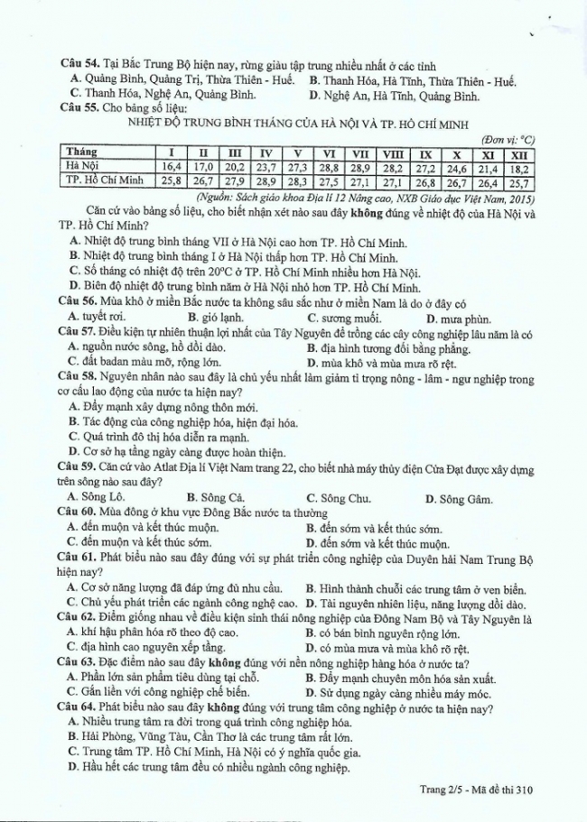 Đề và đáp án môn Địa mã đề 310 thi THPTQG 2017 – đáp án của bộ GD-ĐT