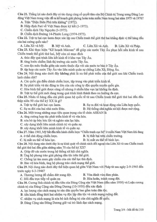 Đề và đáp án môn Sử mã đề 310 thi THPTQG 2017 – đáp án của bộ GD-ĐT