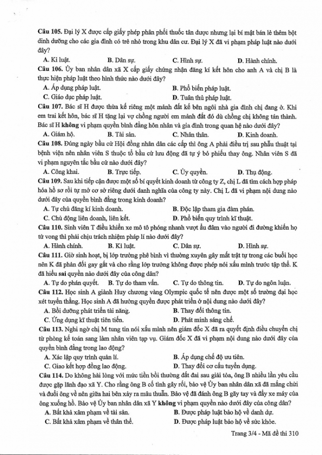 Đề và đáp án môn Công dân mã đề 310 thi THPTQG 2017 – đáp án của bộ GD-ĐT