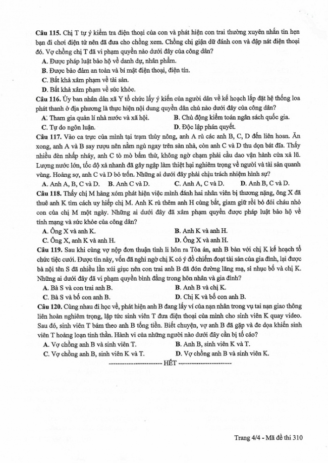 Đề và đáp án môn Công dân mã đề 310 thi THPTQG 2017 – đáp án của bộ GD-ĐT