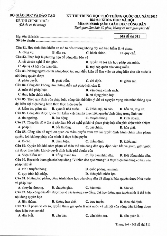 Đề và đáp án môn Công dân mã đề 311 thi THPTQG 2017 – đáp án của bộ GD-ĐT