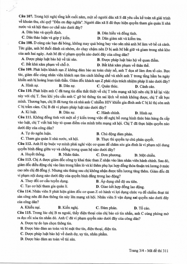 Đề và đáp án môn Công dân mã đề 311 thi THPTQG 2017 – đáp án của bộ GD-ĐT
