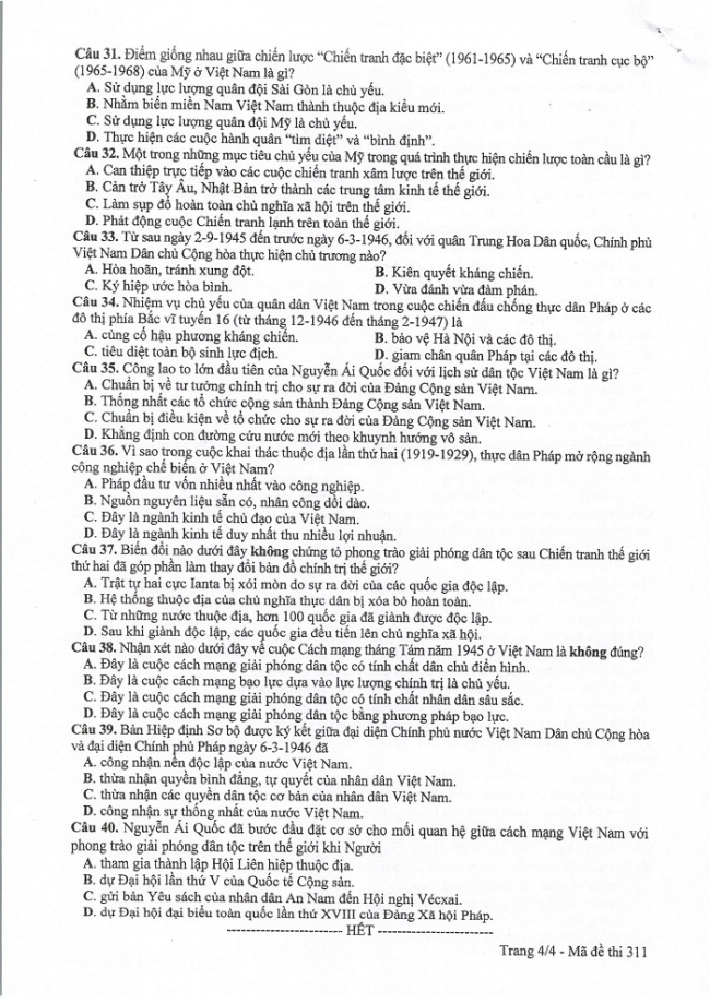 Đề và đáp án môn Sử mã đề 311 thi THPTQG 2017 – đáp án của bộ GD-ĐT