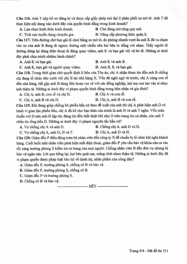 Đề và đáp án môn Công dân mã đề 311 thi THPTQG 2017 – đáp án của bộ GD-ĐT