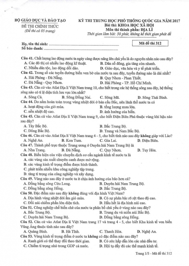 Đề và đáp án môn Địa mã đề 312 thi THPTQG 2017 – đáp án của bộ GD-ĐT