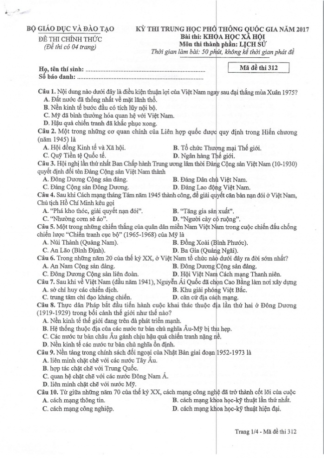 Đề và đáp án môn Sử mã đề 312 thi THPTQG 2017 – đáp án của bộ GD-ĐT